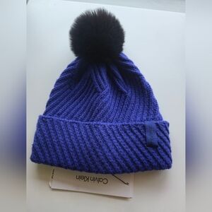Calving Klein faux- fur Pompom Beanie NWT